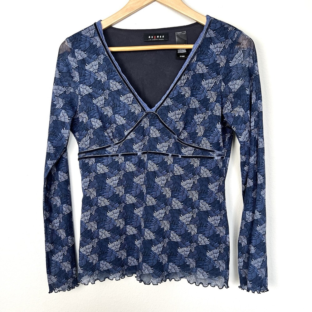 Y2K Babydoll Top Womens Large Long Sleeve Blue Velvet Trim Dark Fairy Gothic